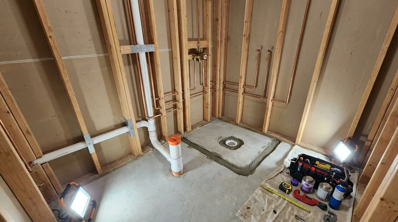 Bathroom rough-in plumbing during remodel by Johns Plumbing LLC in Milesburg