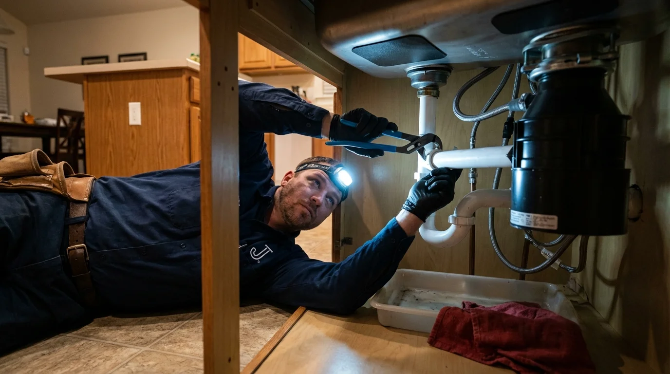P-trap and supply line connections under a kitchen sink showing a common leak point in Milesburg, PA